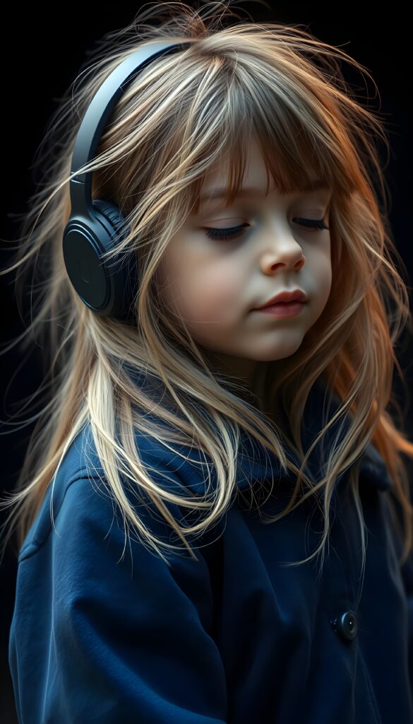 a little girl, cute, blond long silky messy hair and brown highlights, wears a blue winter coat, dark background, futuristic wireless headphone. Side view. Closed eyes.