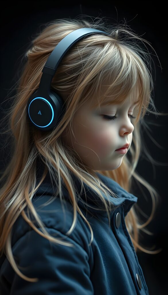 a little girl, cute, blond long silky messy hair and brown highlights, wears a blue winter coat, dark background, futuristic wireless headphone. Side view. Closed eyes.