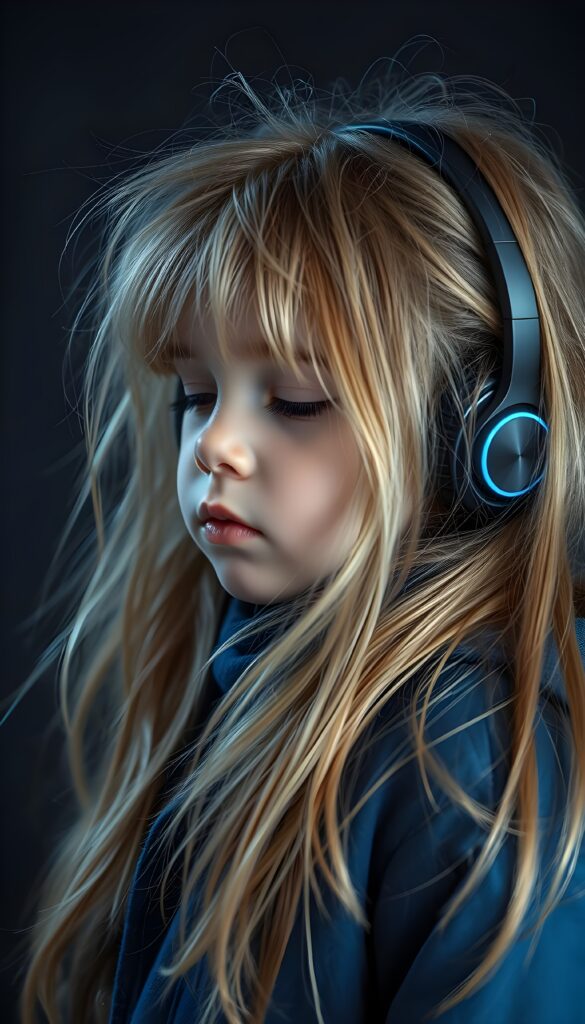a little girl, cute, blond long silky messy hair and brown highlights, wears a blue winter coat, dark background, futuristic wireless headphone. Side view. Closed eyes.