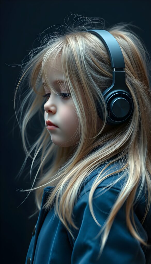 a little girl, cute, blond long silky messy hair and brown highlights, wears a blue winter coat, dark background, futuristic wireless headphone. Side view. Closed eyes.