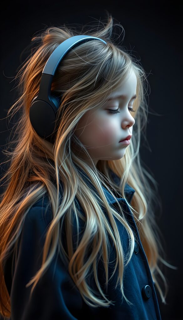 a little girl, cute, blond long silky messy hair and brown highlights, wears a blue winter coat, dark background, futuristic wireless headphone. Side view. Closed eyes.