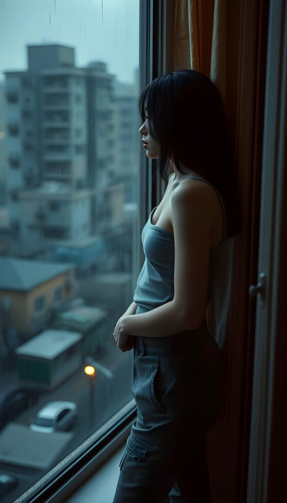 a lonesome teen girl in stockings is looking out of her apartment window, tank top and grey cargo pants, filthy neighborhood at rainy night.