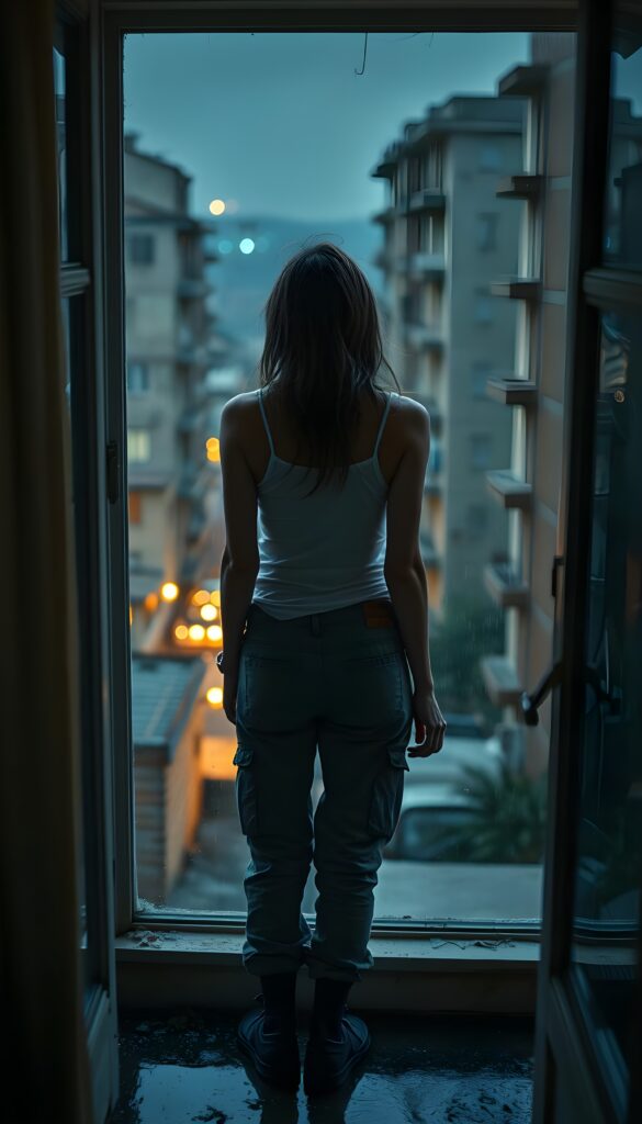 a lonesome teen girl in stockings is looking out of her apartment window, tank top and grey cargo pants, filthy neighborhood at rainy night.