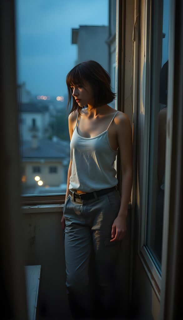 a lonesome teen girl in stockings is looking out of her apartment window, tank top and grey cargo pants, filthy neighborhood at rainy night.