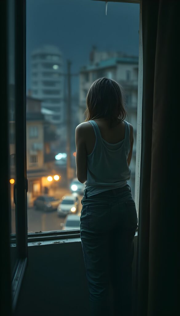 a lonesome teen girl in stockings is looking out of her apartment window, tank top and grey cargo pants, filthy neighborhood at rainy night.