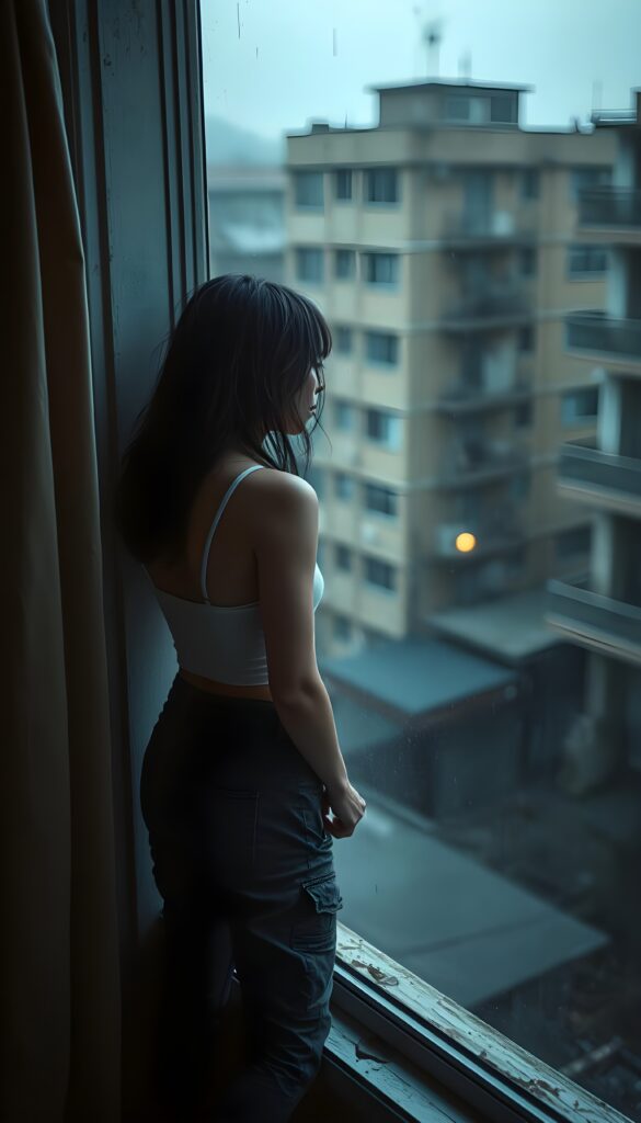 a lonesome teen girl in stockings is looking out of her apartment window, tank top and grey cargo pants, filthy neighborhood at rainy night.
