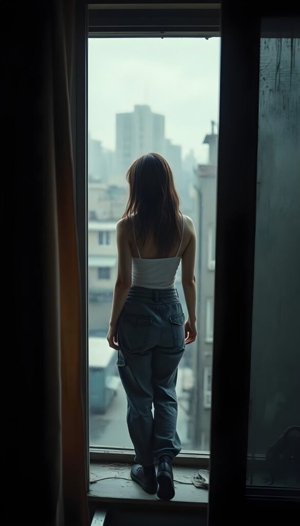 a lonesome teen girl in stockings is looking out of her apartment window, tank top and grey cargo pants, filthy neighborhood at rainy night.