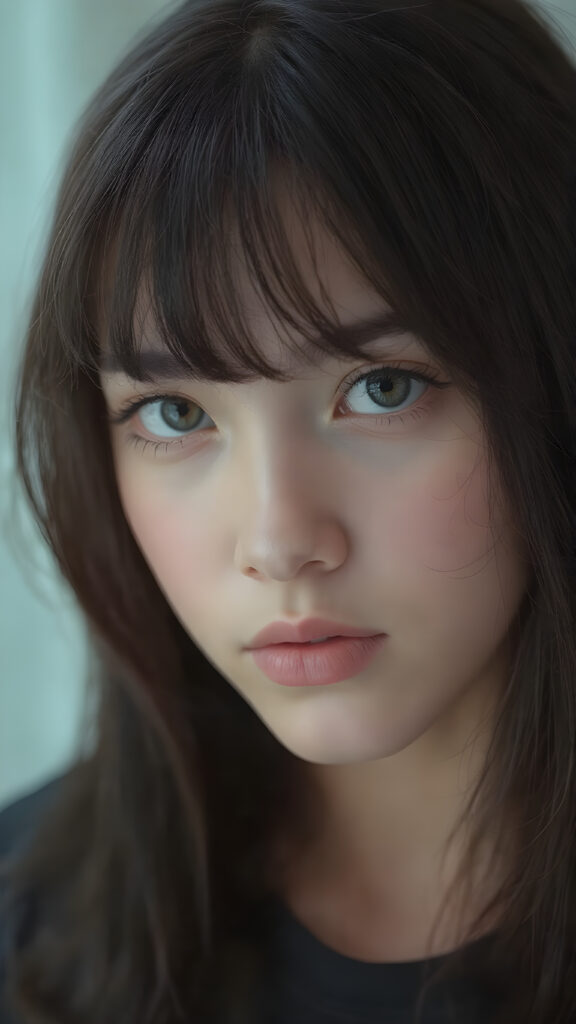 a (((masterpiece of photography))), ultra high resolution and straight, long black hair with fringes slightly curled, showcasing an incredibly beautiful teen girl with (realistically detailed, soft light backlit) surroundings that bring out her (exquisite features) and the (intricate details of her skin) in a (highly detailed, 8K frame) that draws the eye and exudes confidence and allure