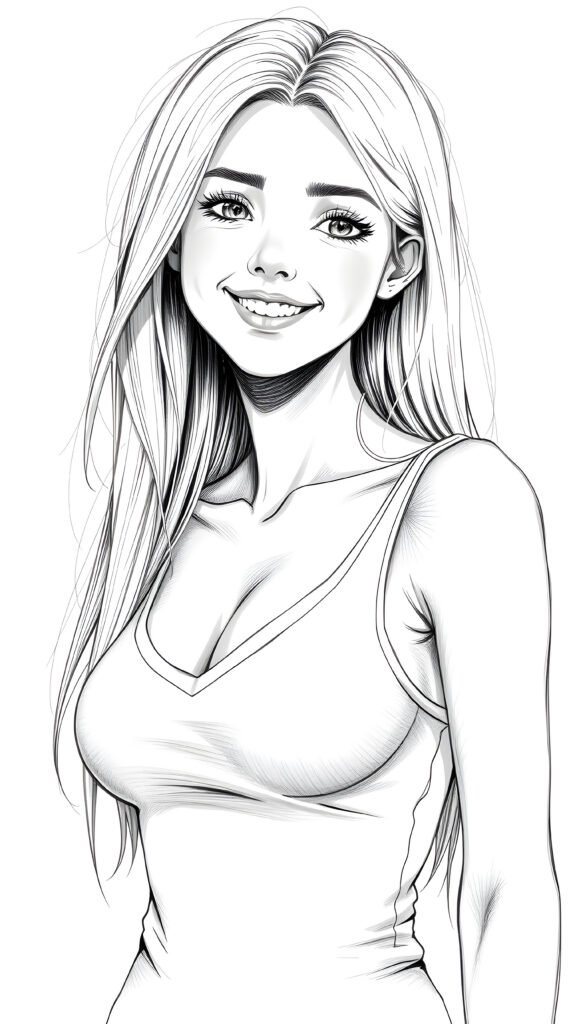 a masterpiece of grayscale picture show (((a young cute blond happy well busty teen girl))), smile very happy, (wears a tank top with deep v-neck), perfect curved body ((perfect portrait)), ((very long straight smooth hair)) ((sunny backdrop))