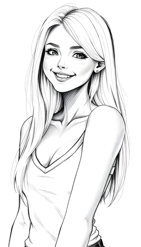 a masterpiece of grayscale picture show (((a young cute blond happy well busty teen girl))), smile very happy, (wears a tank top with deep v-neck), perfect curved body ((perfect portrait)), ((very long straight smooth hair)) ((sunny backdrop))