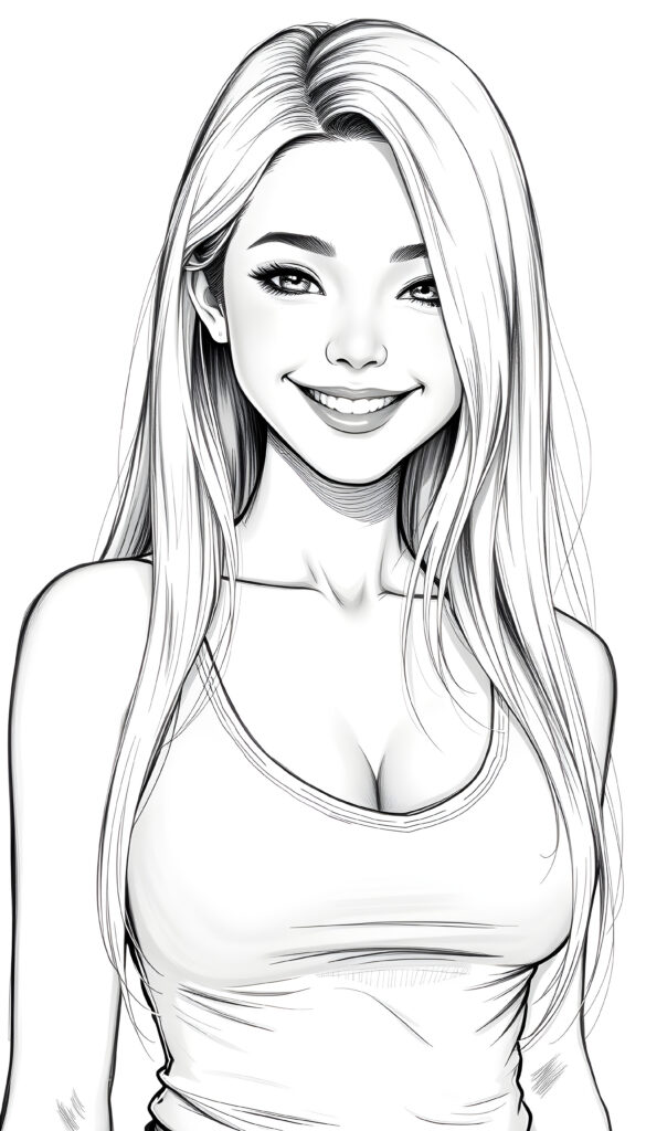 a masterpiece of grayscale picture show (((a young cute blond happy well busty teen girl))), smile very happy, (wears a tank top with deep v-neck), perfect curved body ((perfect portrait)), ((very long straight smooth hair)) ((sunny backdrop))