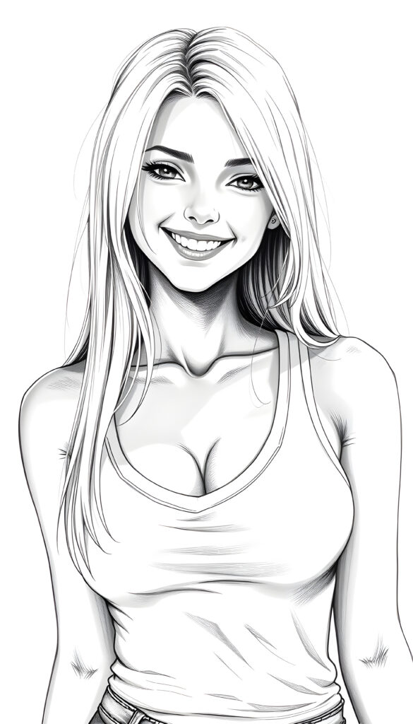 a masterpiece of grayscale picture show (((a young cute blond happy well busty teen girl))), smile very happy, (wears a tank top with deep v-neck), perfect curved body ((perfect portrait)), ((very long straight smooth hair)) ((sunny backdrop))