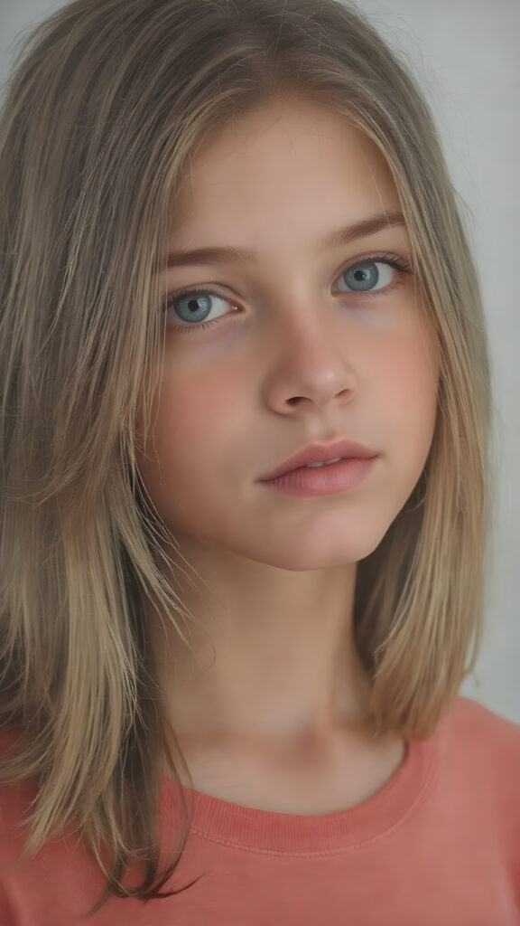 a masterpiece of oil portrait, a cute innocent young teen girl, detailed straight soft jet light brown hair, perfect curved body, detailed round face, she wears a short thin t-shirt, ((stunning)) ((gorgeous)) ((realistic, detailed)) ((empty background)) ((cinematic lights))