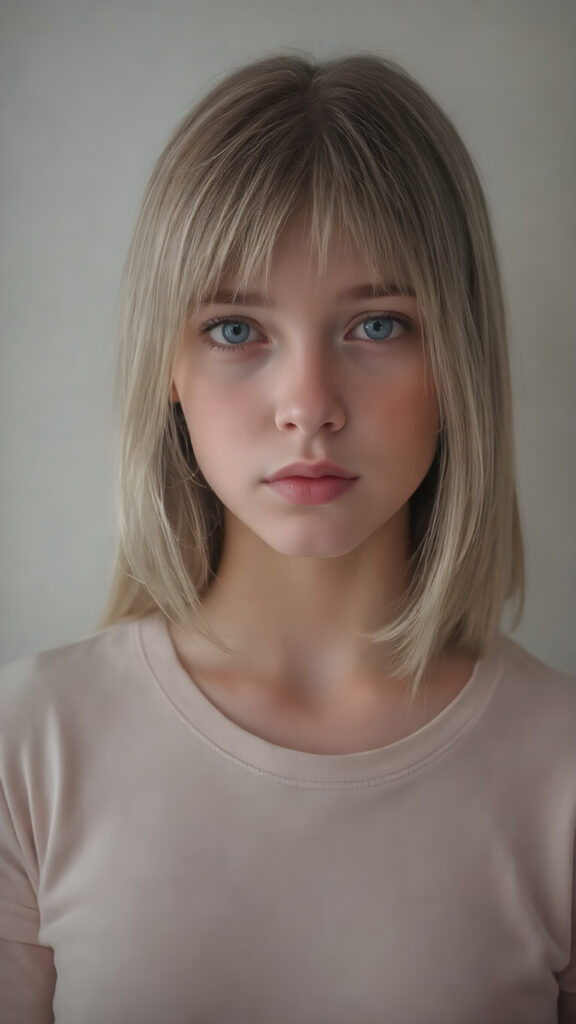 a masterpiece of oil portrait, a cute innocent young teen girl, detailed straight soft jet light brown hair, perfect curved body, detailed round face, she wears a short thin t-shirt, ((stunning)) ((gorgeous)) ((realistic, detailed)) ((empty background)) ((cinematic lights))