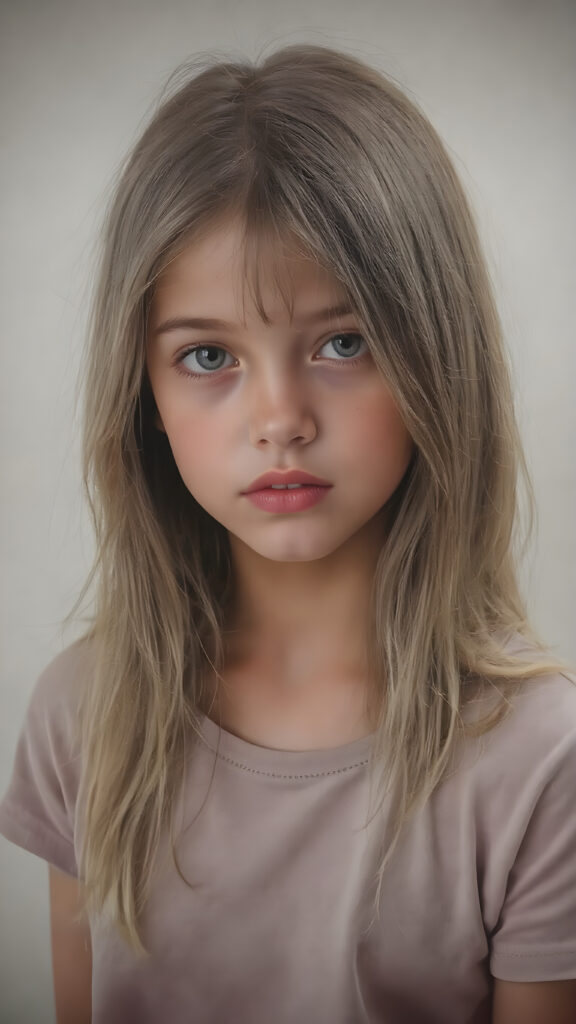 a masterpiece of oil portrait, a cute innocent young teen girl, detailed straight soft jet light brown hair, perfect curved body, detailed round face, she wears a short thin t-shirt, ((stunning)) ((gorgeous)) ((realistic, detailed)) ((empty background)) ((cinematic lights))