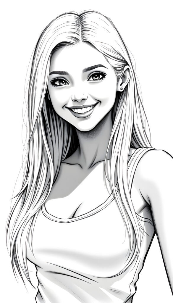 a masterpiece of grayscale picture show (((a young cute blond happy well busty teen girl))), smile very happy, (wears a tank top with deep v-neck), perfect curved body ((perfect portrait)), ((very long straight smooth hair)) ((sunny backdrop))