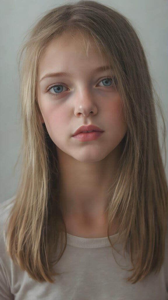 a masterpiece of oil portrait, a cute innocent young teen girl, detailed straight soft jet light brown hair, perfect curved body, detailed round face, she wears a short thin t-shirt, ((stunning)) ((gorgeous)) ((realistic, detailed)) ((empty background)) ((cinematic lights))