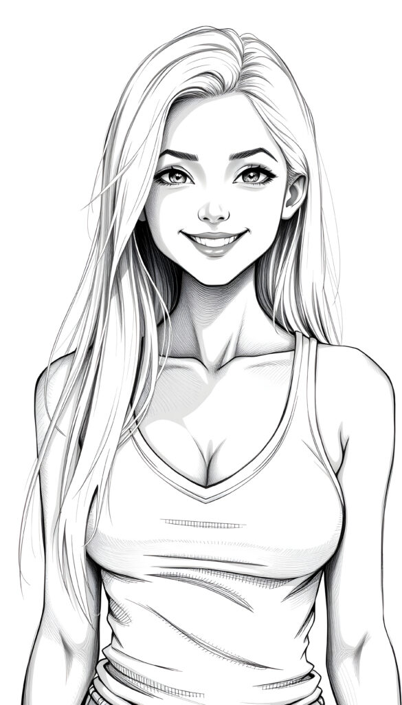 a masterpiece of grayscale picture show (((a young cute blond happy well busty teen girl))), smile very happy, (wears a tank top with deep v-neck), perfect curved body ((perfect portrait)), ((very long straight smooth hair)) ((sunny backdrop))