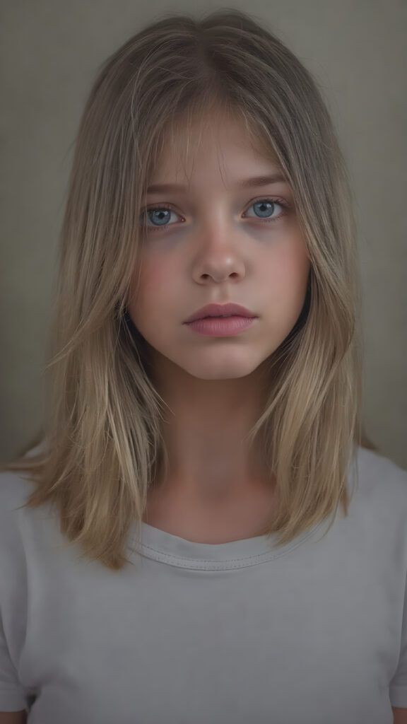 a masterpiece of oil portrait, a cute innocent young teen girl, detailed straight soft jet light brown hair, perfect curved body, detailed round face, she wears a short thin t-shirt, ((stunning)) ((gorgeous)) ((realistic, detailed)) ((empty background)) ((cinematic lights))