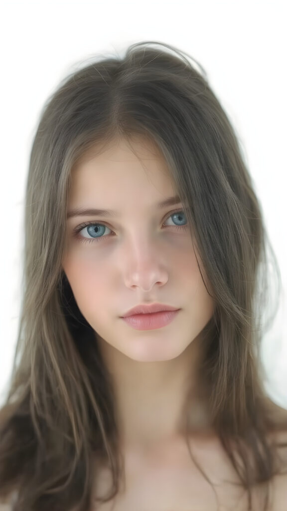 a ((natural teen girl)) realistic upper body portrait shot, her soft hair is obsidian-black and long, she has glancing silver-white eyes and are orbit round, she has pouting lips, she has a soft outlook, she has a fit figure, in a natural way, white backdrop