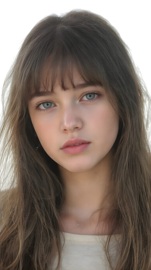 a ((natural teen girl)) realistic upper body portrait shot, her soft hair is obsidian-black and long, she has glancing silver-white eyes and are orbit round, she has pouting lips, she has a soft outlook, she has a fit figure, in a natural way, white backdrop