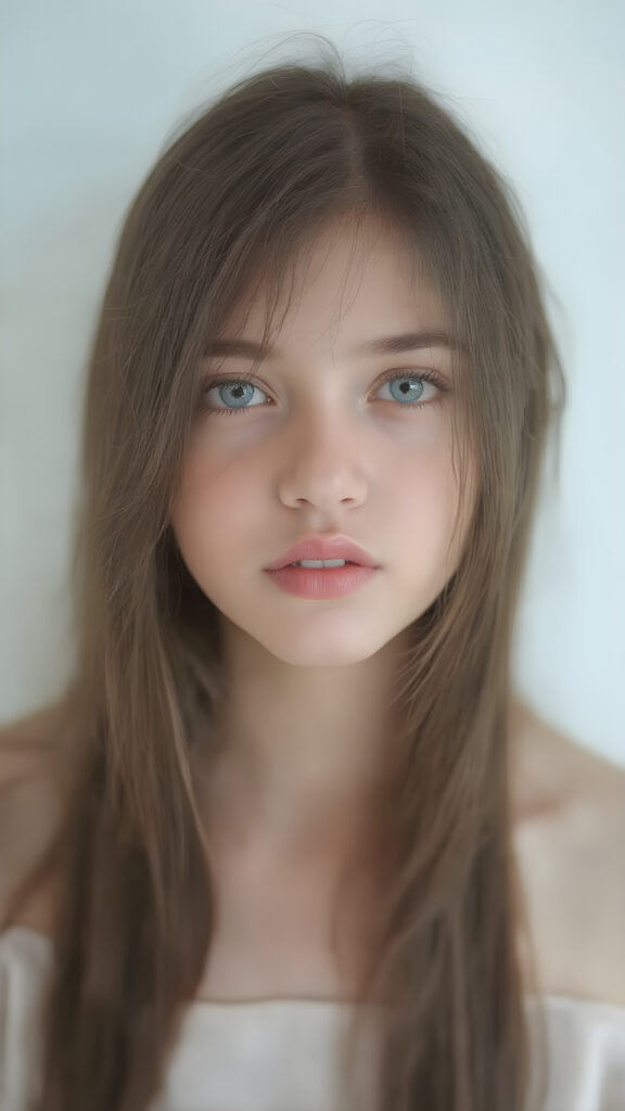 a ((natural teen girl)) realistic upper body portrait shot, her soft hair is obsidian-black and long, she has glancing silver-white eyes and are orbit round, she has pouting lips, she has a soft outlook, she has a fit figure, in a natural way, white backdrop