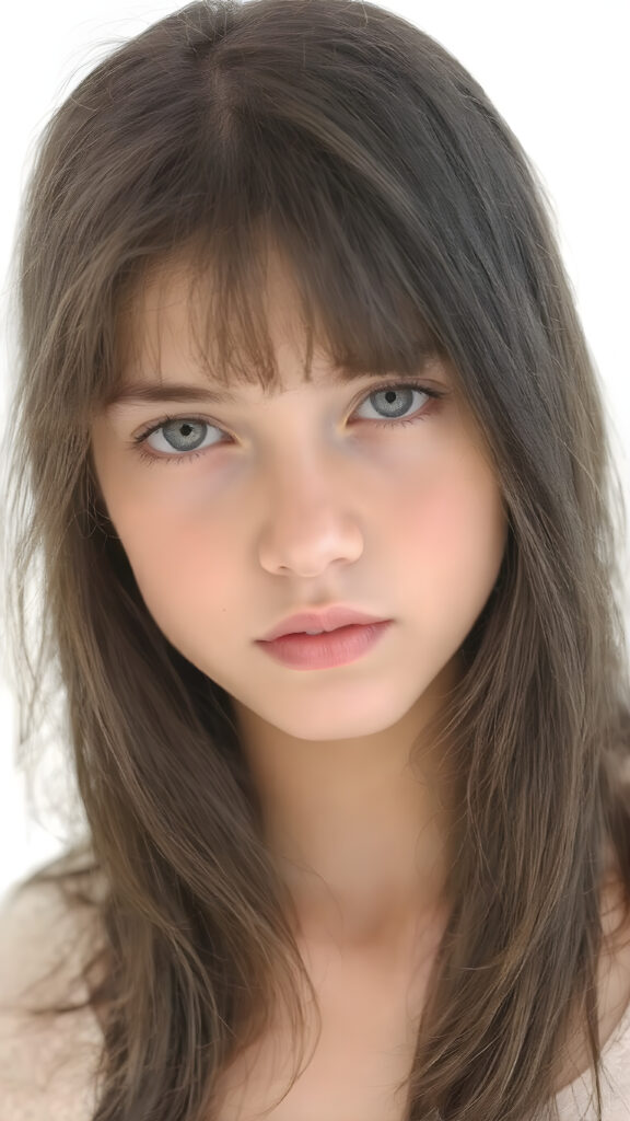 a ((natural teen girl)) realistic upper body portrait shot, her soft hair is obsidian-black and long, she has glancing silver-white eyes and are orbit round, she has pouting lips, she has a soft outlook, she has a fit figure, in a natural way, white backdrop