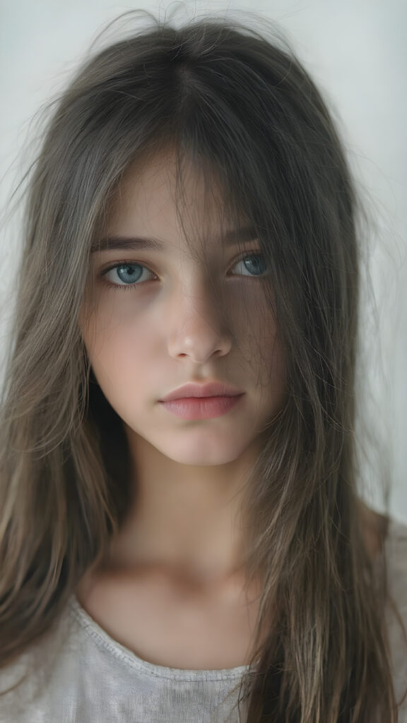 a ((natural teen girl)) realistic upper body portrait shot, her soft hair is obsidian-black and long, she has glancing silver-white eyes and are orbit round, she has pouting lips, she has a soft outlook, she has a fit figure, in a natural way, white backdrop
