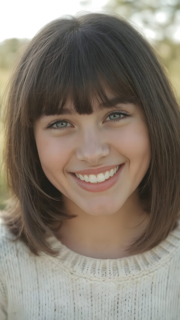 a (((natural young teen girl))) with natural bob haircut and bangs frame her round face, straight black hair, and a radiant complexion, embodying the essence of youthful beauty in a (((vintage, pin-up style))), full figure body image, showcasing her radiant skin and delicate, softly-toned natural makeup, against a backdrop of a (((natural, outdoor environment))) that brings to mind the spirit of natural beauty and the timeless allure of a bygone era. She is wearing a fine white sweater made of wool, she laughs heartily with her mouth wide open and her teeth white