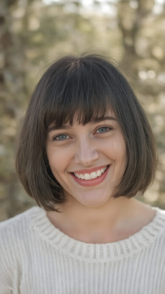 a (((natural young teen girl))) with natural bob haircut and bangs frame her round face, straight black hair, and a radiant complexion, embodying the essence of youthful beauty in a (((vintage, pin-up style))), full figure body image, showcasing her radiant skin and delicate, softly-toned natural makeup, against a backdrop of a (((natural, outdoor environment))) that brings to mind the spirit of natural beauty and the timeless allure of a bygone era. She is wearing a fine white sweater made of wool, she laughs heartily with her mouth wide open and her teeth white