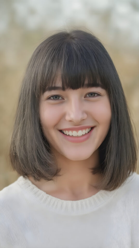 a (((natural young teen girl))) with natural bob haircut and bangs frame her round face, straight black hair, and a radiant complexion, embodying the essence of youthful beauty in a (((vintage, pin-up style))), full figure body image, showcasing her radiant skin and delicate, softly-toned natural makeup, against a backdrop of a (((natural, outdoor environment))) that brings to mind the spirit of natural beauty and the timeless allure of a bygone era. She is wearing a fine white sweater made of wool, she laughs heartily with her mouth wide open and her teeth white
