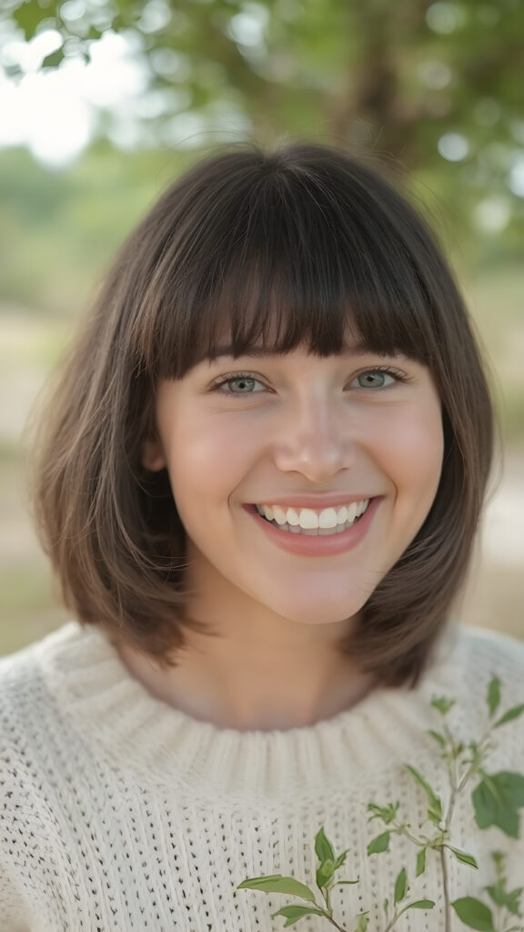 a (((natural young teen girl))) with natural bob haircut and bangs frame her round face, straight black hair, and a radiant complexion, embodying the essence of youthful beauty in a (((vintage, pin-up style))), full figure body image, showcasing her radiant skin and delicate, softly-toned natural makeup, against a backdrop of a (((natural, outdoor environment))) that brings to mind the spirit of natural beauty and the timeless allure of a bygone era. She is wearing a fine white sweater made of wool, she laughs heartily with her mouth wide open and her teeth white