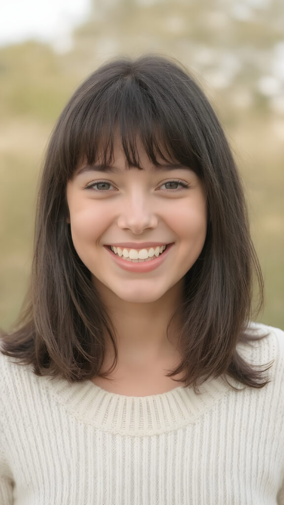 a (((natural young teen girl))) with natural bob haircut and bangs frame her round face, straight black hair, and a radiant complexion, embodying the essence of youthful beauty in a (((vintage, pin-up style))), full figure body image, showcasing her radiant skin and delicate, softly-toned natural makeup, against a backdrop of a (((natural, outdoor environment))) that brings to mind the spirit of natural beauty and the timeless allure of a bygone era. She is wearing a fine white sweater made of wool, she laughs heartily with her mouth wide open and her teeth white