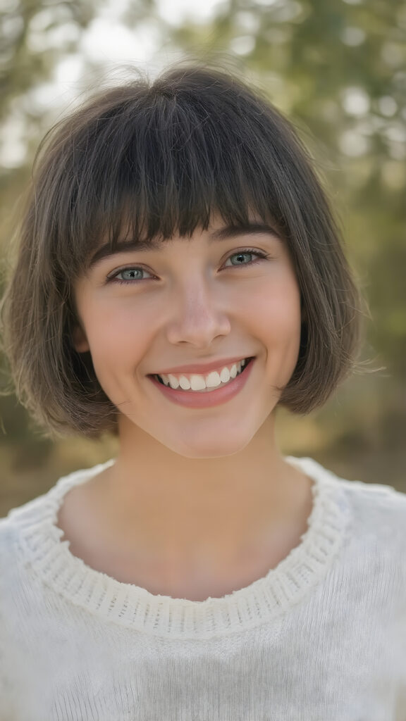 a (((natural young teen girl))) with natural bob haircut and bangs frame her round face, straight black hair, and a radiant complexion, embodying the essence of youthful beauty in a (((vintage, pin-up style))), full figure body image, showcasing her radiant skin and delicate, softly-toned natural makeup, against a backdrop of a (((natural, outdoor environment))) that brings to mind the spirit of natural beauty and the timeless allure of a bygone era. She is wearing a fine white sweater made of wool, she laughs heartily with her mouth wide open and her teeth white