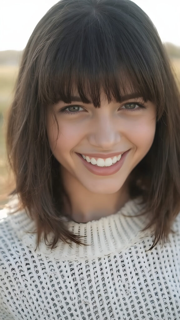a (((natural young teen girl))) with natural bob haircut and bangs frame her round face, straight black hair, and a radiant complexion, embodying the essence of youthful beauty in a (((vintage, pin-up style))), full figure body image, showcasing her radiant skin and delicate, softly-toned natural makeup, against a backdrop of a (((natural, outdoor environment))) that brings to mind the spirit of natural beauty and the timeless allure of a bygone era. She is wearing a fine white sweater made of wool, she laughs heartily with her mouth wide open and her teeth white