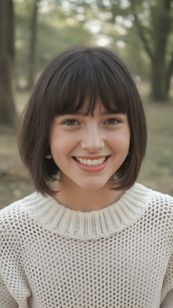 a (((natural young teen girl))) with natural bob haircut and bangs frame her round face, straight black hair, and a radiant complexion, embodying the essence of youthful beauty in a (((vintage, pin-up style))), full figure body image, showcasing her radiant skin and delicate, softly-toned natural makeup, against a backdrop of a (((natural, outdoor environment))) that brings to mind the spirit of natural beauty and the timeless allure of a bygone era. She is wearing a fine white sweater made of wool, she laughs heartily with her mouth wide open and her teeth white