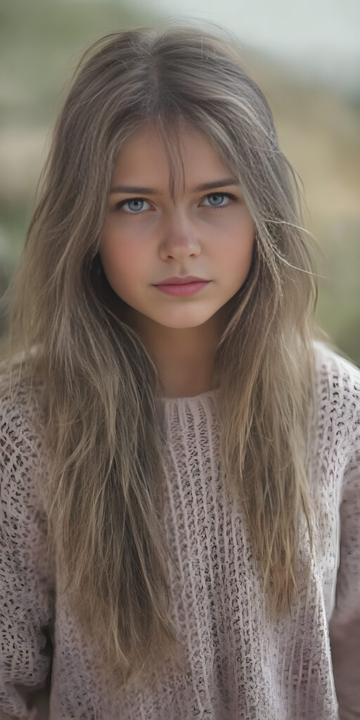 a nice young poor girl, age 25, with very long messy hair wears a wide sweater and stand in front of the viewer, super detailed and realistic