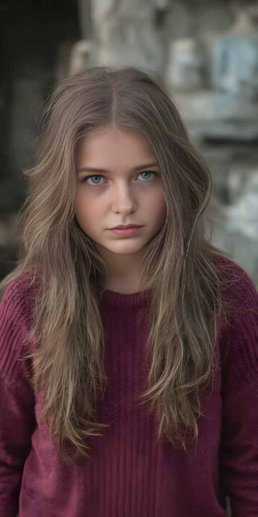 a nice young poor girl, age 25, with very long messy hair wears a wide sweater and stand in front of the viewer, super detailed and realistic