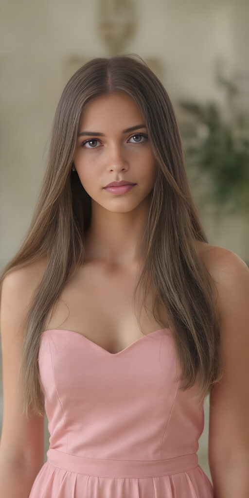 a nice young rich girl, age 25, with very long straight hair wears a elegant dress and stand in front of the viewer, super detailed and realistic