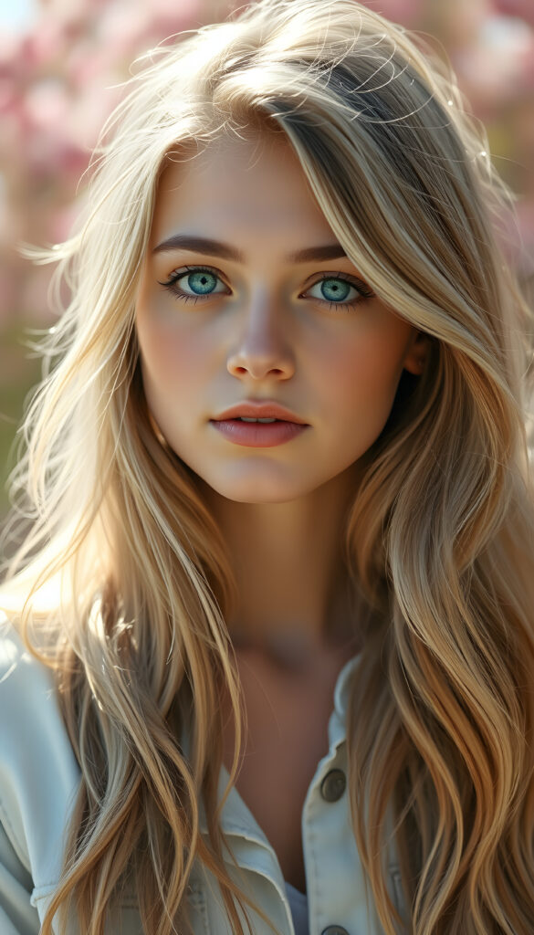 a pastel painting showcasing a young woman with long, flowing light blonde hair with brown highlights that gently curls at the ends, her bright blue eyes sparkling like the morning sky. She wears a white denim jacket, reflecting the sunlight in a soft, ethereal glow. Her angelic face is round, adding a touch of whimsy. The background is a dreamy blend of pastel pinks, blues, and greens, creating a serene and enchanting atmosphere.