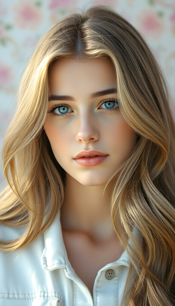 a pastel painting showcasing a young woman with long, flowing light blonde hair with brown highlights that gently curls at the ends, her bright blue eyes sparkling like the morning sky. She wears a white denim jacket, reflecting the sunlight in a soft, ethereal glow. Her angelic face is round, adding a touch of whimsy. The background is a dreamy blend of pastel pinks, blues, and greens, creating a serene and enchanting atmosphere.