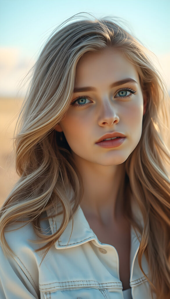 a pastel painting showcasing a young woman with long, flowing light blonde hair with brown highlights that gently curls at the ends, her bright blue eyes sparkling like the morning sky. She wears a white denim jacket, reflecting the sunlight in a soft, ethereal glow. Her angelic face is round, adding a touch of whimsy. The background is a dreamy blend of pastel pinks, blues, and greens, creating a serene and enchanting atmosphere.