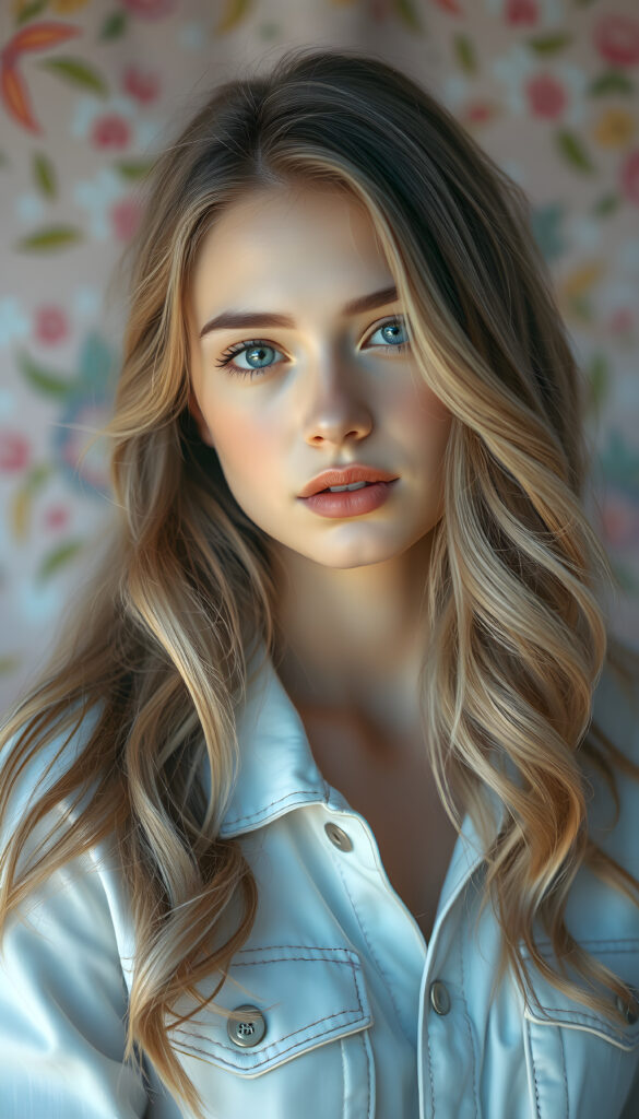 a pastel painting showcasing a young woman with long, flowing light blonde hair with brown highlights that gently curls at the ends, her bright blue eyes sparkling like the morning sky. She wears a white denim jacket, reflecting the sunlight in a soft, ethereal glow. Her angelic face is round, adding a touch of whimsy. The background is a dreamy blend of pastel pinks, blues, and greens, creating a serene and enchanting atmosphere.
