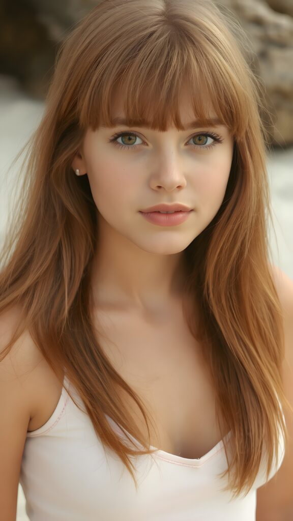 a (((perfect portrait))) of a (((beautiful young ginger teen girl))), with (soft long straight amber hair) that flows down past her shoulders and gently around her face, bangs, capturing an inviting look, her (face is round and softly contoured), with (amber eyes) that convey a sense of warmth and innocence. She's dressed in a tight (deep v-neck) crop top, wide open front that emphasizes her perfect curved female body, all against a beach backdrop