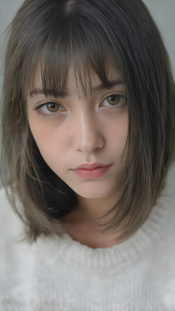 a perfect portrait from a (((detailed cute teen emo girl with shoulder-length, soft obsidian black straight hair, framing her face in side-swept bangs, bob cut, brown eyes, exuding a sense of melancholy and loneliness, round face and full lips, ((white tight wool sweater)) which perfectly shaped her body, against a (((simple, grey backdrop)))