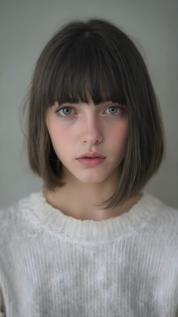 a perfect portrait from a (((detailed cute teen emo girl with shoulder-length, soft obsidian black straight hair, framing her face in side-swept bangs, bob cut, brown eyes, exuding a sense of melancholy, loneliness and sadness, round face and full lips, ((white tight wool sweater)) which perfectly shaped her body, against a (((simple, grey backdrop)))