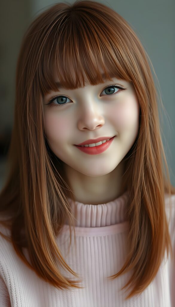 a perfect portrait from a young silver skinned girl with long super straight light red fine hair and red highlights, bangs frame her face, red lips, smiling. Her hair falls down to her upper body. Cute. She wears a light pink plain fine sweater.
