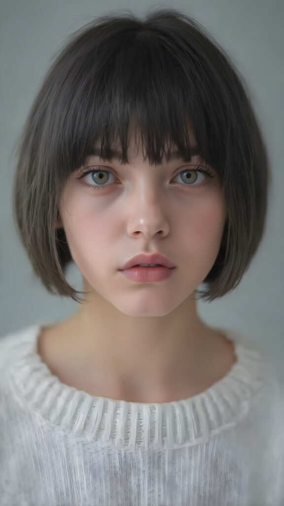 a perfect portrait from a (((detailed cute teen emo girl with shoulder-length, soft obsidian black straight hair, framing her face in side-swept bangs, bob cut, brown eyes, exuding a sense of melancholy, loneliness and sadness, round face and full lips, ((white tight wool sweater)) which perfectly shaped her body, against a (((simple, grey backdrop)))