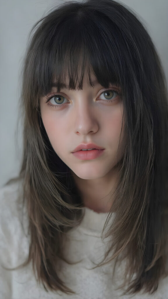 a perfect portrait from a (((detailed cute teen emo girl with shoulder-length, soft obsidian black straight hair, framing her face in side-swept bangs, bob cut, brown eyes, exuding a sense of melancholy and loneliness, round face and full lips, ((white tight wool sweater)) which perfectly shaped her body, against a (((simple, grey backdrop)))