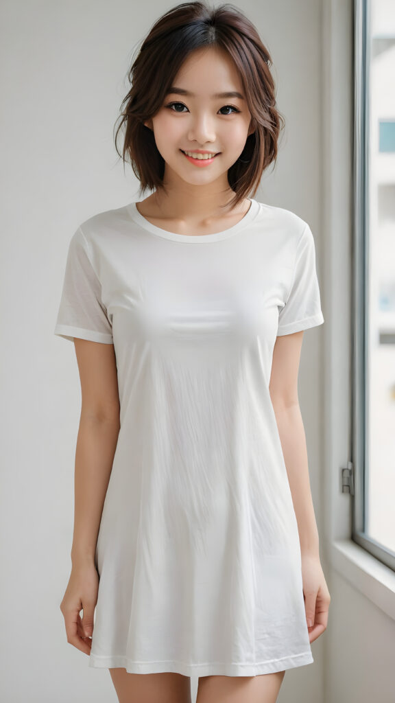 a perfect portrait of a cute young asian girl, beautiful eyes, slim, long legs, full body shot, very cute, charming, detailed, realistic, clear colors, natural, full body shot, ultra cute, adorable, beautiful, stunning, ((white t-shirt)) dress, smiling